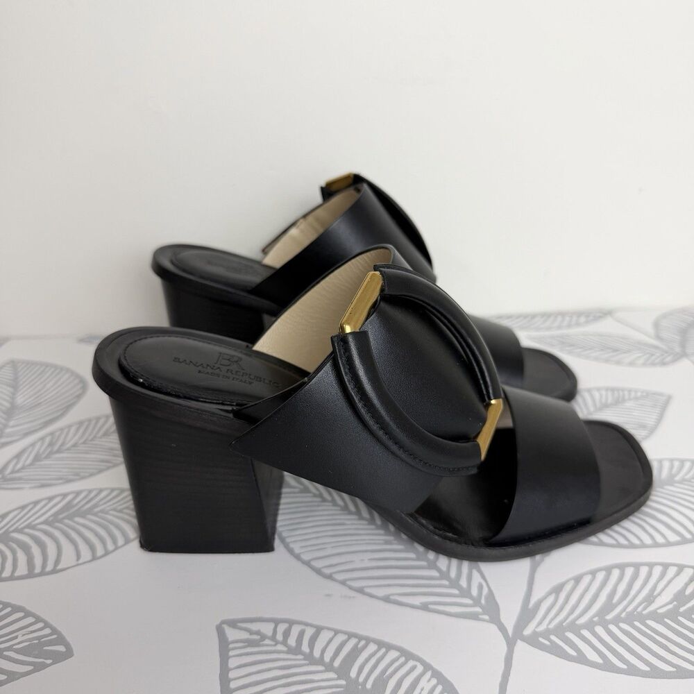 Banana Republic Ravello Black Leather Block Heel Sandals Shoes Women’s 6.5 Italy - Picture 2 of 8